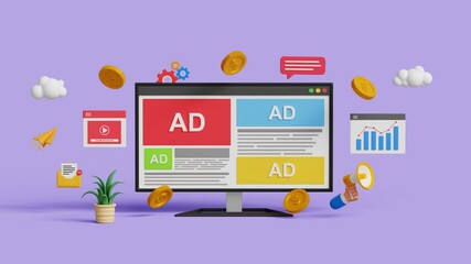 Wall Mural - Website ads, digital marketing concept. Advertising on social media. PPC ad campaign and performance metrics. Targeted inbound ads. 4K 3D loop animation