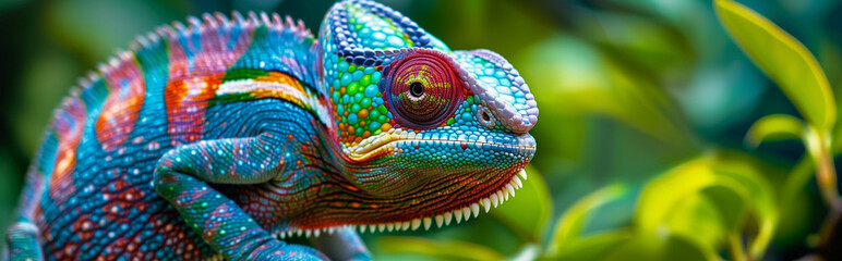 Colorful chameleon camouflaging among green leaves in the wild