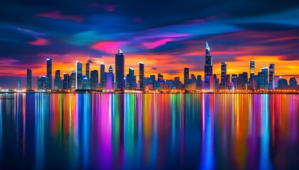 Wall Mural - Dreamy night cityscape with colorful blurred lights reflecting in tranquil waters