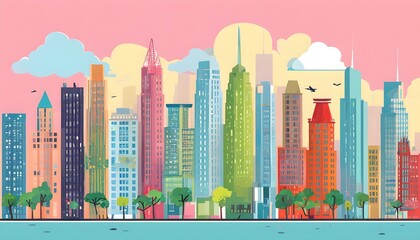 Cheerful city skyline with pastel buildings, playful trees, and whimsical clouds in vibrant colors