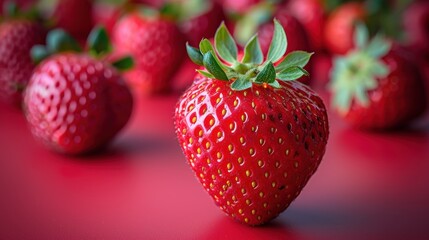 Wall Mural - Freshly picked strawberries glisten under soft light on a vibrant red surface in a bountiful harvest setting. Generative AI