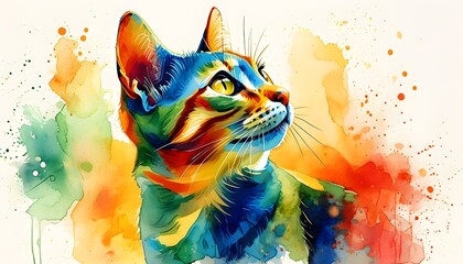 Vibrant watercolor portrait of a cat gazing back, adorned in a kaleidoscope of blue, green, yellow, orange, and red hues.