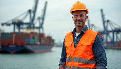 Portrait of a seaport worker in high-visibility vest and hard hat, set against a blurred harbor backdrop.






