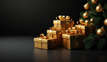 Wall Mural - Holidays background with illuminated 3d golden Christmas three gift nd tree on black background