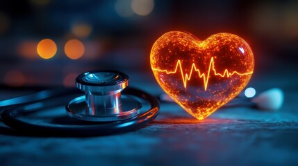 A glowing heart shape with a heartbeat line beside a stethoscope, symbolizing health, vitality, and medical care.