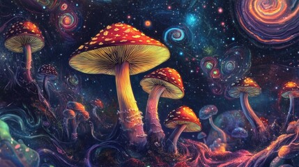 Wall Mural - A surreal depiction of magic mushrooms floating in a dreamlike space, surrounded by swirling cosmic patterns and vibrant colors.