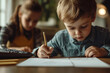 © Thanapong - A child drawing on paper while their parent discusses bankruptcy over the phone, conveying the impact of financial collapse on family dynamics and daily life