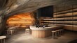 © Viktoriia Kan - A bottle of wine stands elegantly on a rough stone bar in a luxurious underground cave, highlighted by a sleek black pendant light above.