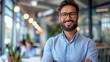 © Synthesia Studio - Confident businessman with beard and glasses smiling in modern office