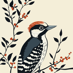 Sticker - Vector Woodpecker on Branch with Berries