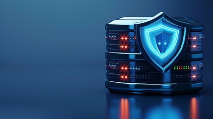 A digital safe, symbolizing data protection and cybersecurity, featuring a blue shield and stacked servers in a modern design.