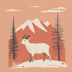 Sticker - Stylized Mountain Goat in a Scenic Nature Landscape