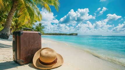 A suitcase and straw hat placed on a tropical beach with crystal-clear water and palm trees in the background.