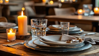 Intimate dining experience at a cozy restaurant table for two, featuring soft lighting, rustic decor, flickering candles, and elegant silverware set amidst a warm ambiance