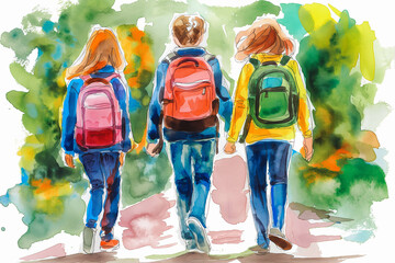 school friends a boy and two girls with school backpacks on their backs walk after class