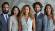 © nataliya_ua - Professional group portrait of five individuals in elegant attire smiling together in a modern, stylish environment. Generative AI