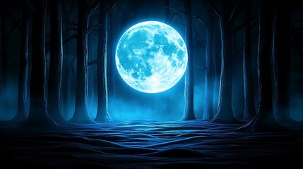 A glowing blue moon rises above a shadowy forest at night.