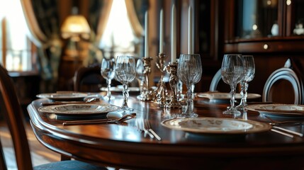 An antique wooden dining table set in a classic dining room with elegant place settings