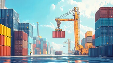 Wall Mural - A Yellow Crane Lifting a Cargo Container at a Busy Shipping Port