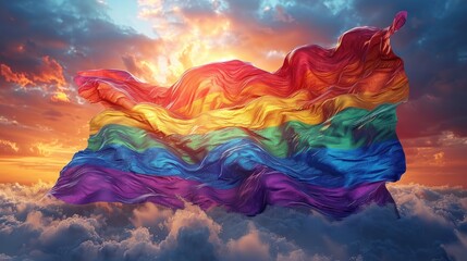 A vibrant rainbow flag waves majestically in the golden light of sunset above a colorful, cloud-filled sky. Generative AI