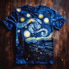 A blue t-shirt featuring a swirling starry night design.