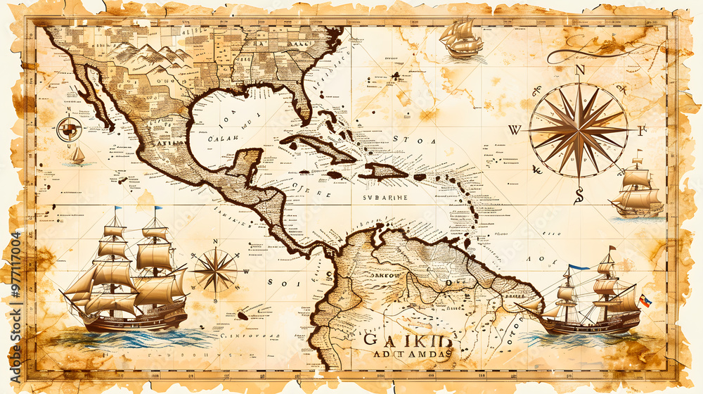 Vector illustration of a vintage map of the Caribbean Sea on worn ...