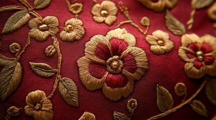 Wall Mural - Close-up of intricate gold embroidery on a rich red fabric, showcasing delicate floral designs.