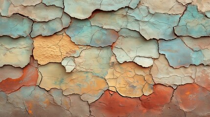 Wall Mural - Cracked and peeling paint creates an abstract pattern in blue, orange, and brown.