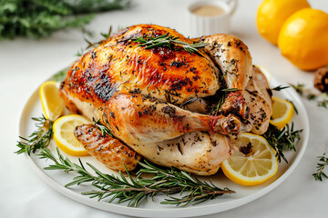 A beautifully roasted chicken served with fresh herbs and lemon slices, perfect for a delicious meal or festive occasion.