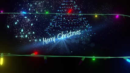 Wall Mural - Coloured string lights over merry christmas text in light trails on christmas tree at night