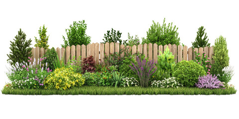 lush garden with colorful plants and wooden fence background