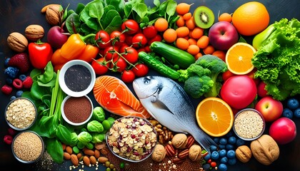 Wall Mural - Vibrant array of fresh, healthy foods featuring fruits, vegetables, fish, nuts, and grains for a nutritious lifestyle