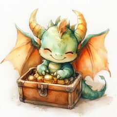 Wall Mural - A cheerful dragon sitting in a treasure chest filled with gold.