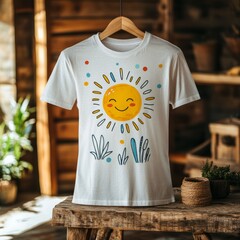 Sticker - A cheerful sun graphic on a white t-shirt, ideal for casual wear.