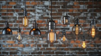 Wall Mural - Variety of industrial-style hanging lamps with exposed bulbs and metallic details, ready for use in creative design projects