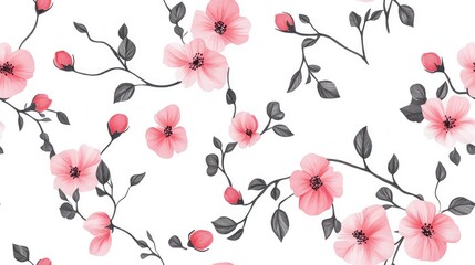 Seamless pattern featuring a floral brush with pink flowers and buds designed as a frame for postcards and business cards isolated on a white background