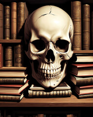 Wall Mural - Skull resting on a spooky bookshelf