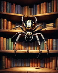 Canvas Print - Spider crawling down from an old bookshelf