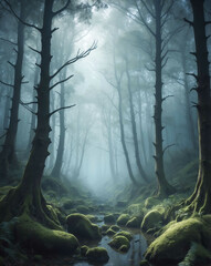 Wall Mural - Spooky forest with misty atmosphere