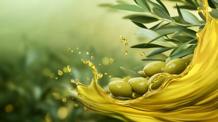 Olive green background, olives trees in the borders and yellow splash oil in the down 