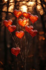 Wall Mural - A cluster of heart-shaped balloons glowing in a sunset backdrop.