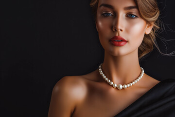 Wall Mural - Young woman wearing elegant pearl jewelry on black background, space for text