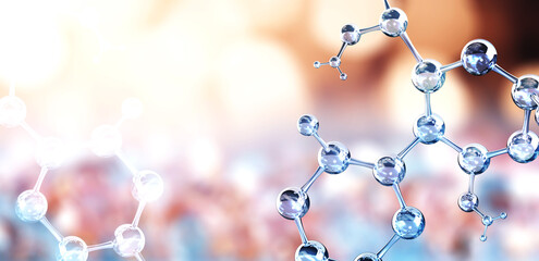Wall Mural - horizontal banner with model of abstract molecular structure. background of blue color with glass at
