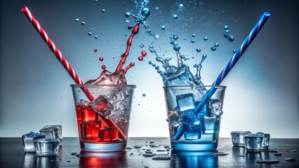 Clear glass of water filled with ice cubes, a mesmerizing sight, as red and blue plastic straws slowly