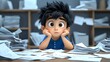 © Raitalinn - An overwhelmed boy sits at his desk, buried in a pile of papers, the stress of schoolwork weighing him down.