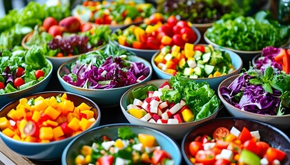 Vibrant assortment of fresh salad ingredients in bowls, poised for the creation of flavorful, personalized salads.