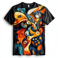 Poster - A colorful abstract design on a black t-shirt featuring various shapes.