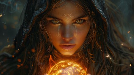 Wall Mural - Halloween, the spookiest day of the year. A beautiful woman with long brown hair and dark eyes wearing black hooded robes holds an glowing orb of fire in her hands.