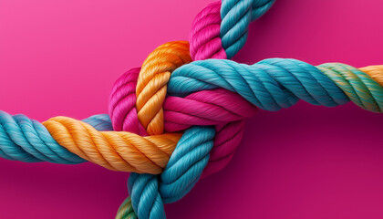 ropes of different colors tied into a knot, pink background, concept of infinity and connection, relationships and friendship, symbolizing unity and strength, teamwork and partnership