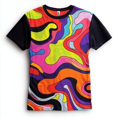 Sticker - A colorful abstract patterned t-shirt with vibrant swirls and shapes.